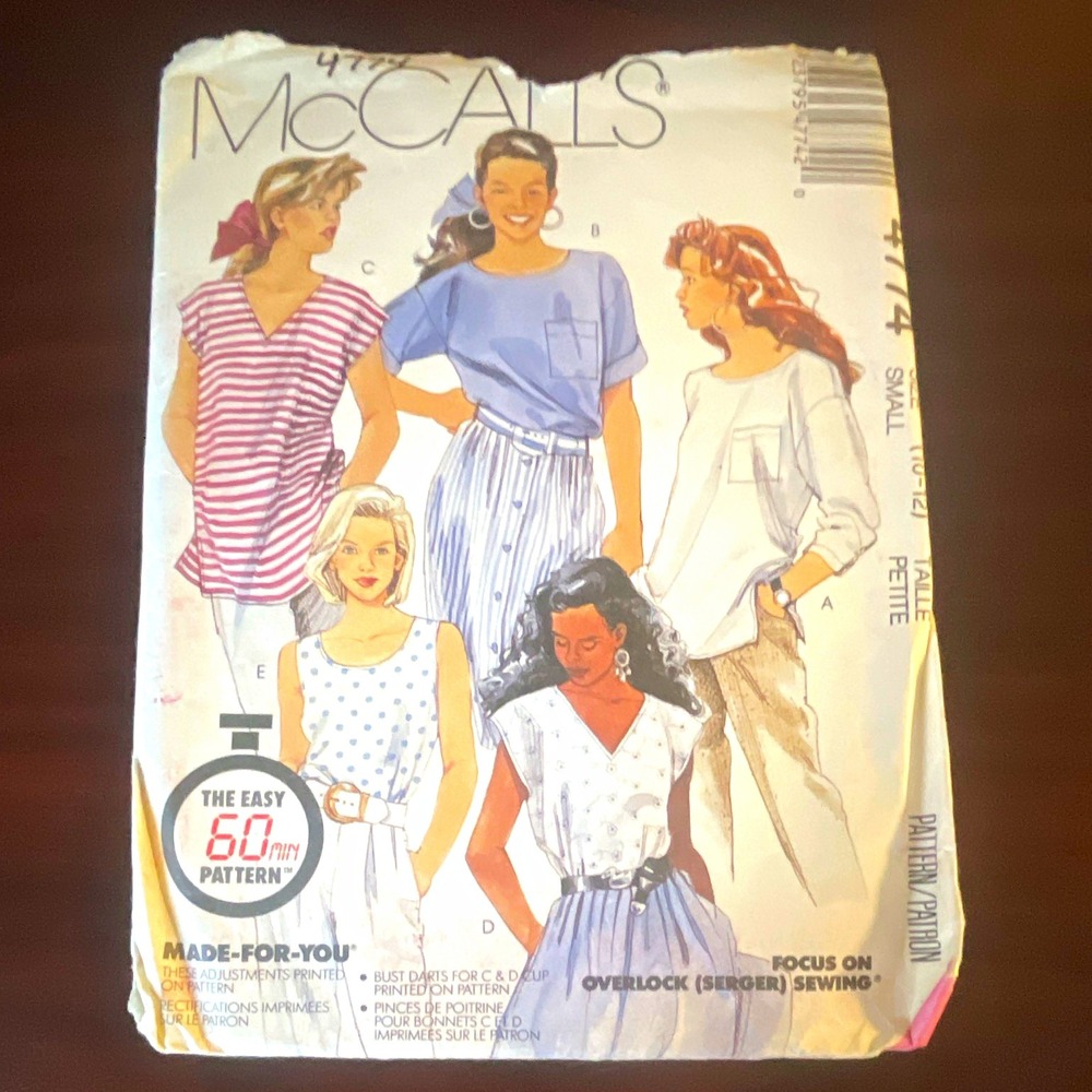 McCalls 4774 Vintage 1990 Misses Pullover Tops Sewing Pattern Petite Sz 6-14
